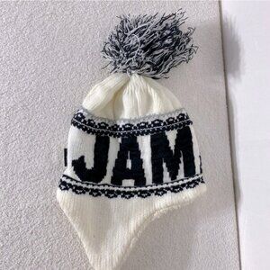 5/$25 Robin Ruth Jamaica White Black Knit Fleece Lined Hat W Ear Flaps & Pom Pom